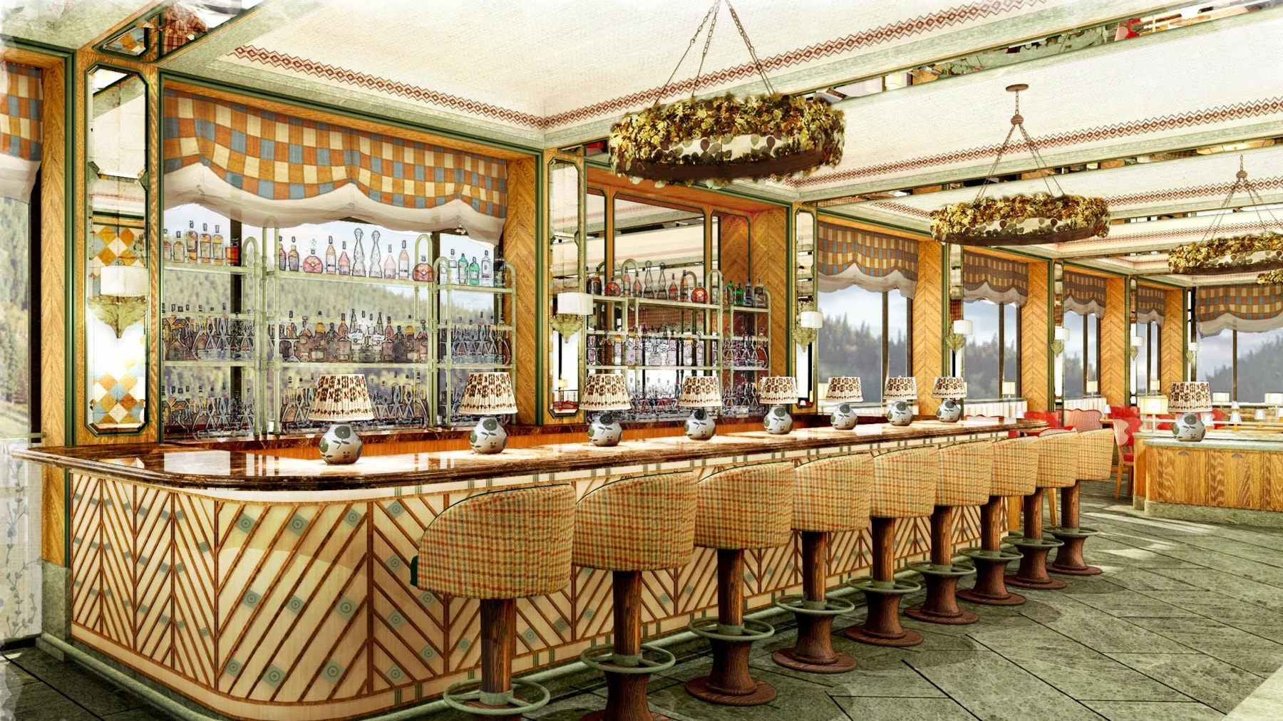Chalet Alpina private members club interior bar with stools, mirrors, and decorative lighting — developer rendering