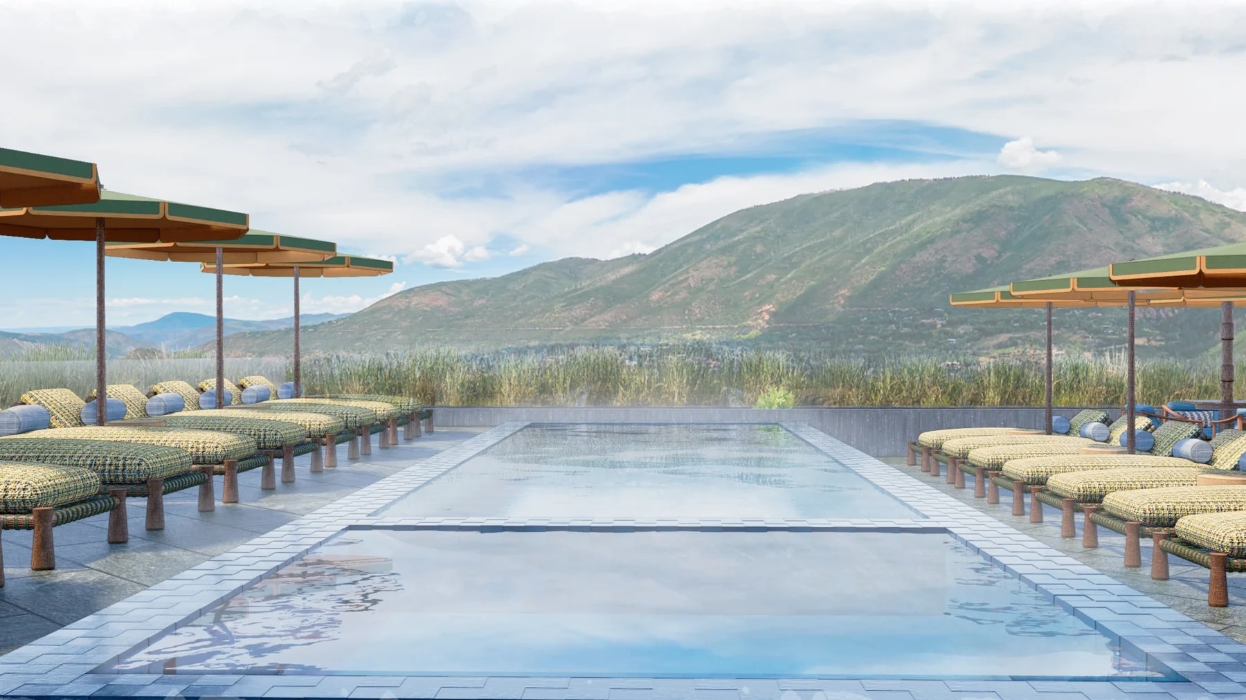 Outdoor pool with lounge chairs and mountain scenery — Chalet Alpina developer rendering
