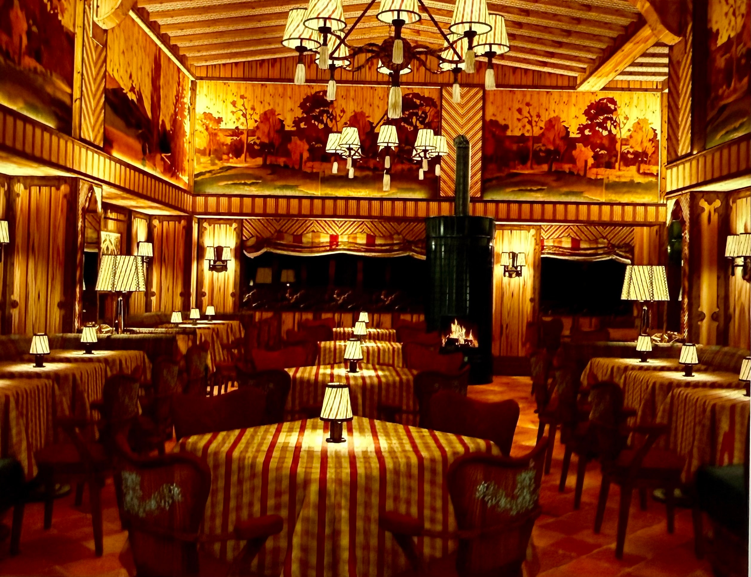 Warm wood private club dining room with chandeliers and fireplace — Chalet Alpina developer rendering