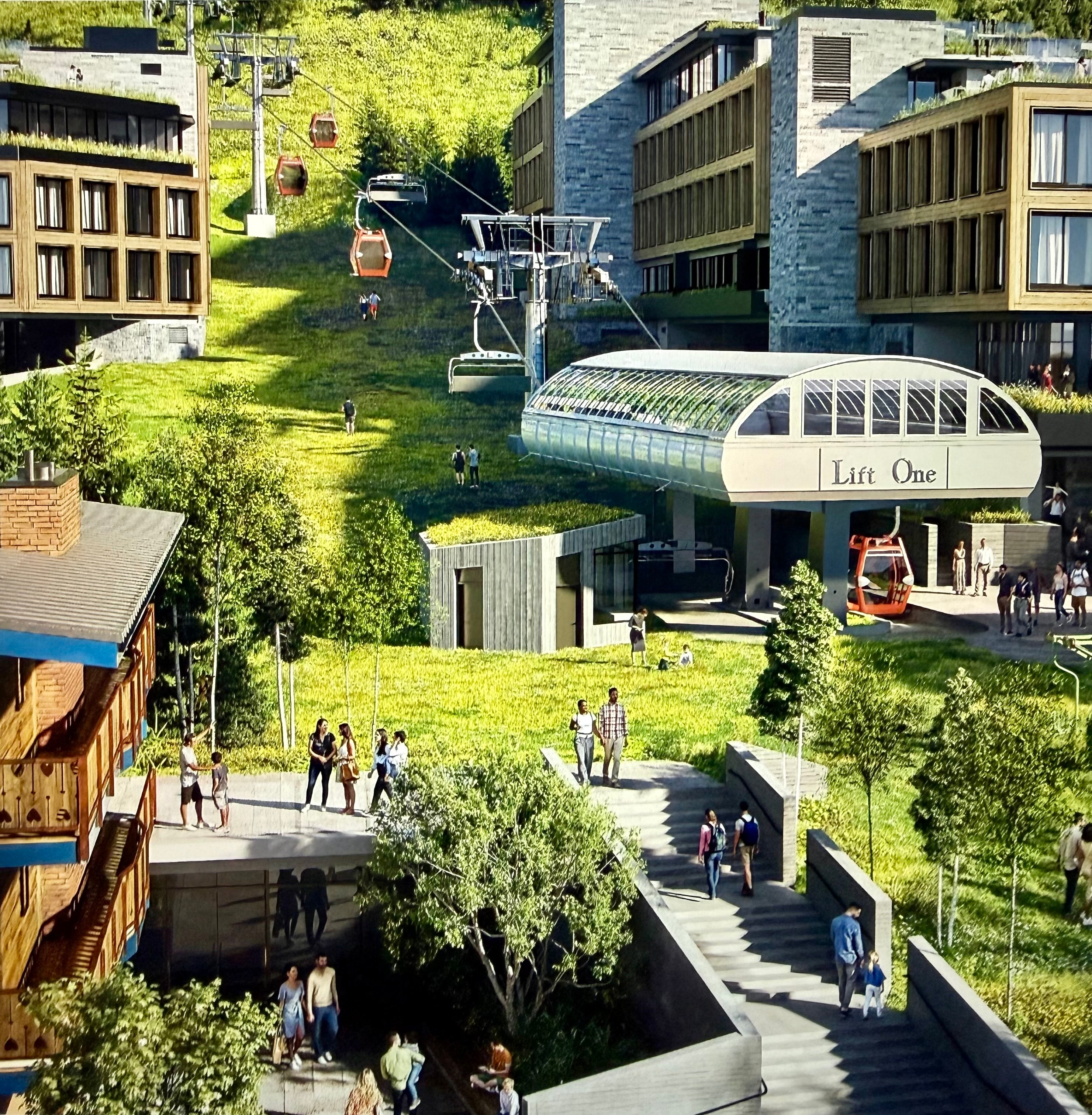 Developer rendering of Chalet Alpina's Lift One gondola station, chairlift, and landscaped base area