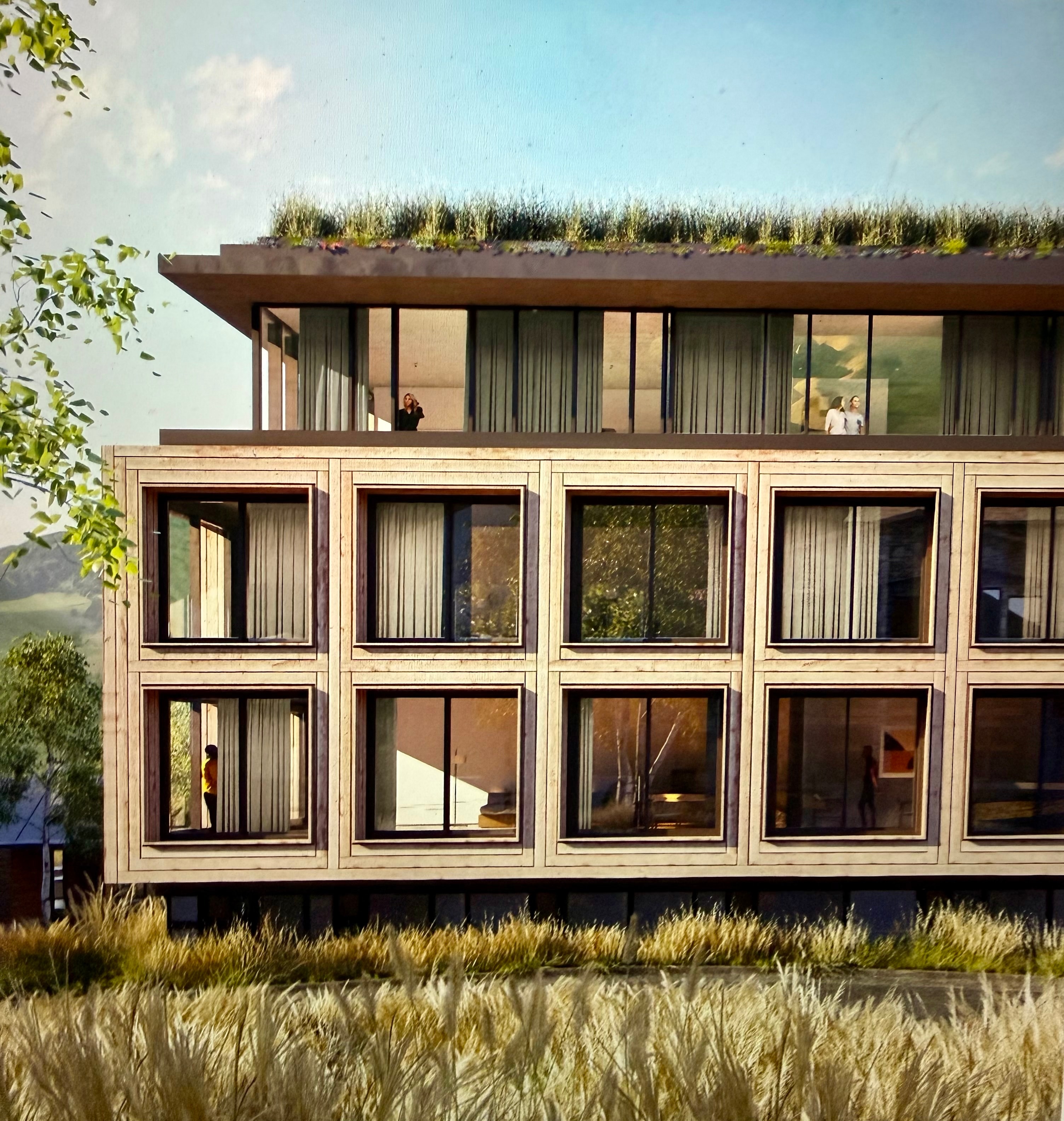 Chalet Alpina Mountain Home exterior developer rendering with rooftop landscaping and expansive windows