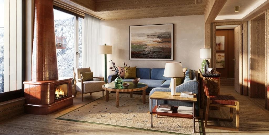 Chalet Alpina residence interior with fireplace, furnishings, windows, and gondola view