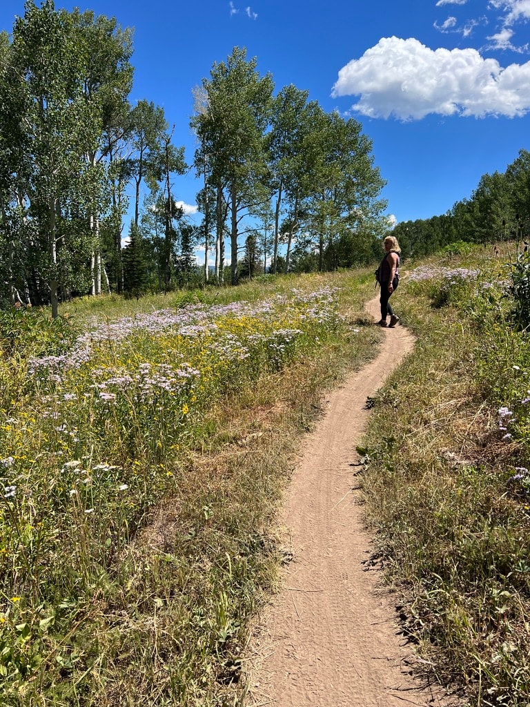 Woman walking a narrow mountain trail through wildflowers and aspen trees