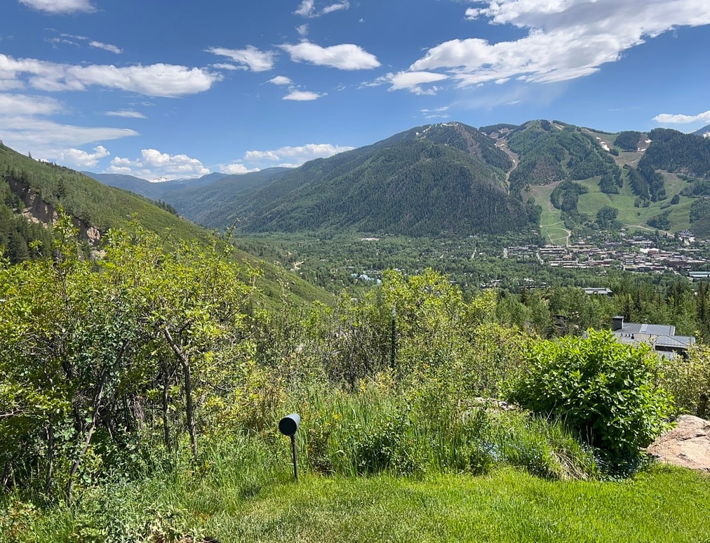 Panoramic summer view of Aspen's green mountains, evergreen trees, and deep blue sky
