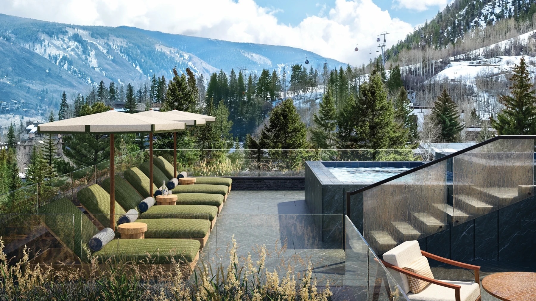 Chalet Alpina developer rendering of a rooftop pool and lounge overlooking Aspen Mountain