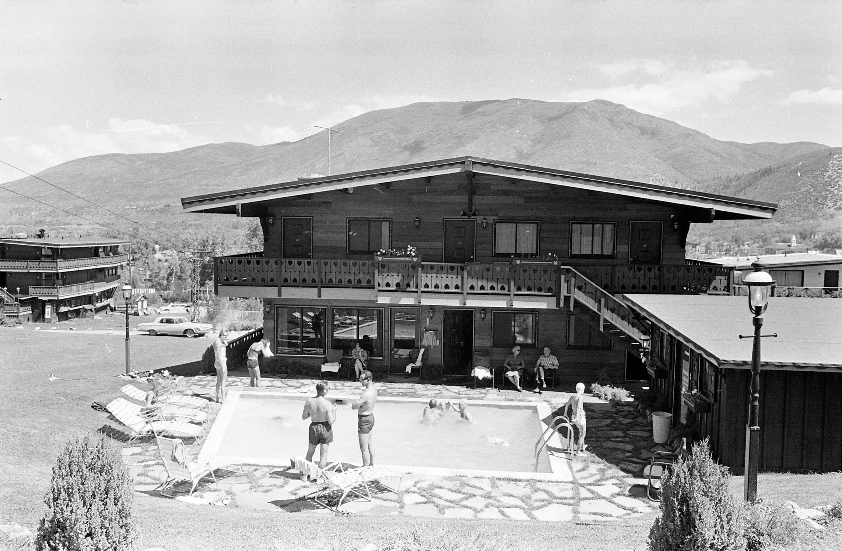 The Skier's Chalet pool terrace — part of the social life surrounding Aspen's historic Lift One base.